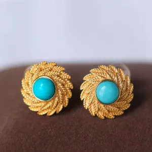 LOVCIA Elegant Women's Natural Green Turquoise Silver Stud Earrings