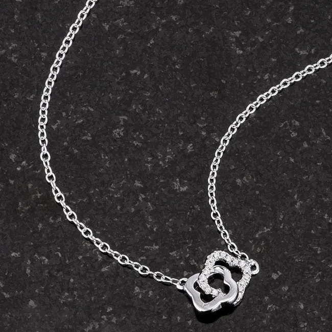 LOVCIA Rhodium-Plated Floral Link Necklace with 0.21 Ct Cubic Zirconia