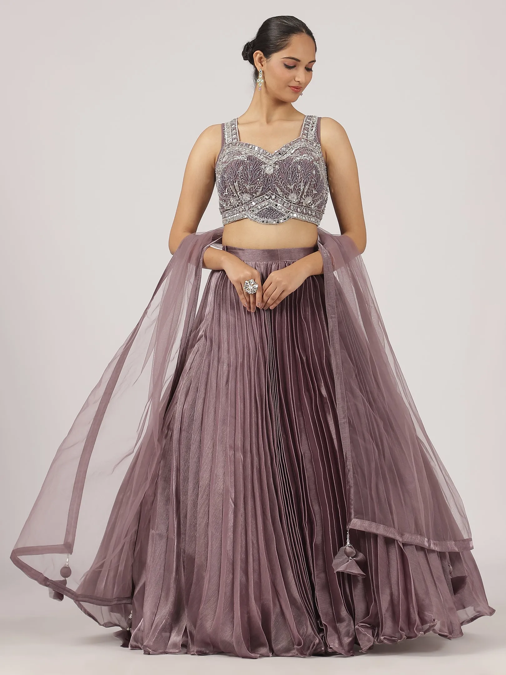 Mauve Pleated Organza Lehenga with Intricate Embroidered Blouse & Sheer Dupatta