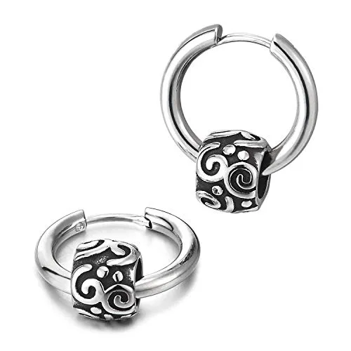 Men Women Steel Circle Huggie Hinged Hoop Earrings with Vintage Ethnic Tribal Tattoo Bead Charm
