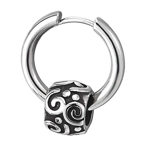 Men Women Steel Circle Huggie Hinged Hoop Earrings with Vintage Ethnic Tribal Tattoo Bead Charm