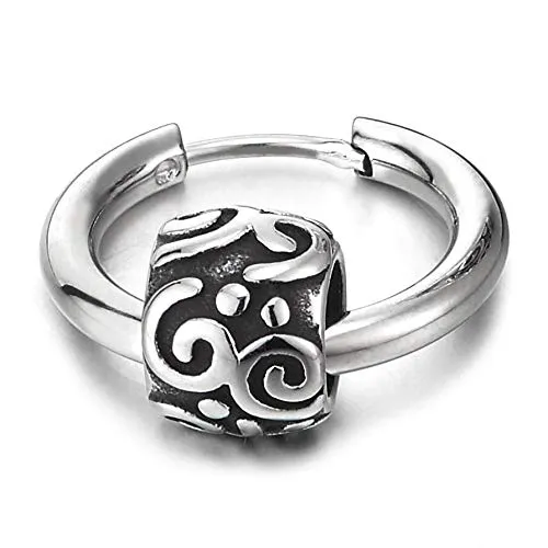 Men Women Steel Circle Huggie Hinged Hoop Earrings with Vintage Ethnic Tribal Tattoo Bead Charm