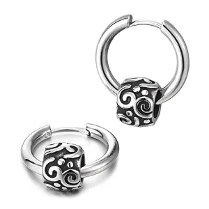 Men Women Steel Circle Huggie Hinged Hoop Earrings with Vintage Ethnic Tribal Tattoo Bead Charm