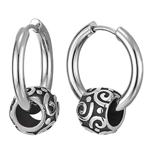 Men Women Steel Circle Huggie Hinged Hoop Earrings with Vintage Ethnic Tribal Tattoo Bead Charm