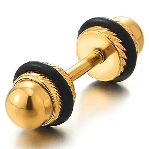 Men Womens Gold Color Dome Screw Stud Earrings, Polished, Steel Cheater Fake Ear Plugs Gauges Tunnel