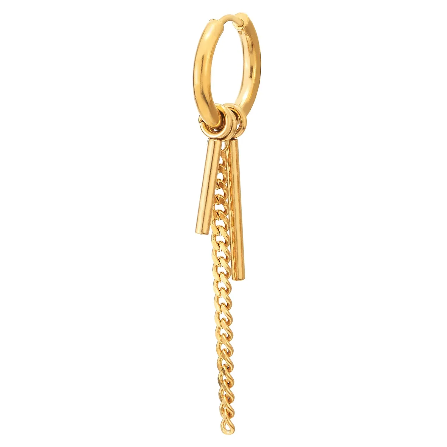 Mens Womens Steel Gold Huggie Hinged Hoop Earrings with Double Stick Bar, Dangling Long Chain