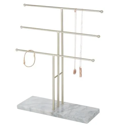 Metal Necklace Display Stand with Stone Base, Brass-Tone