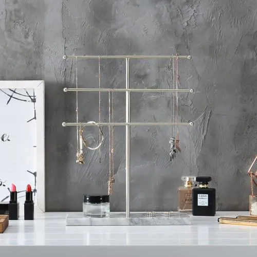 Metal Necklace Display Stand with Stone Base, Brass-Tone