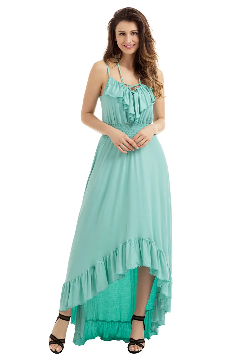 Mint Green Lace Up V Neck Ruffle Trim Hi-low Maxi Dress