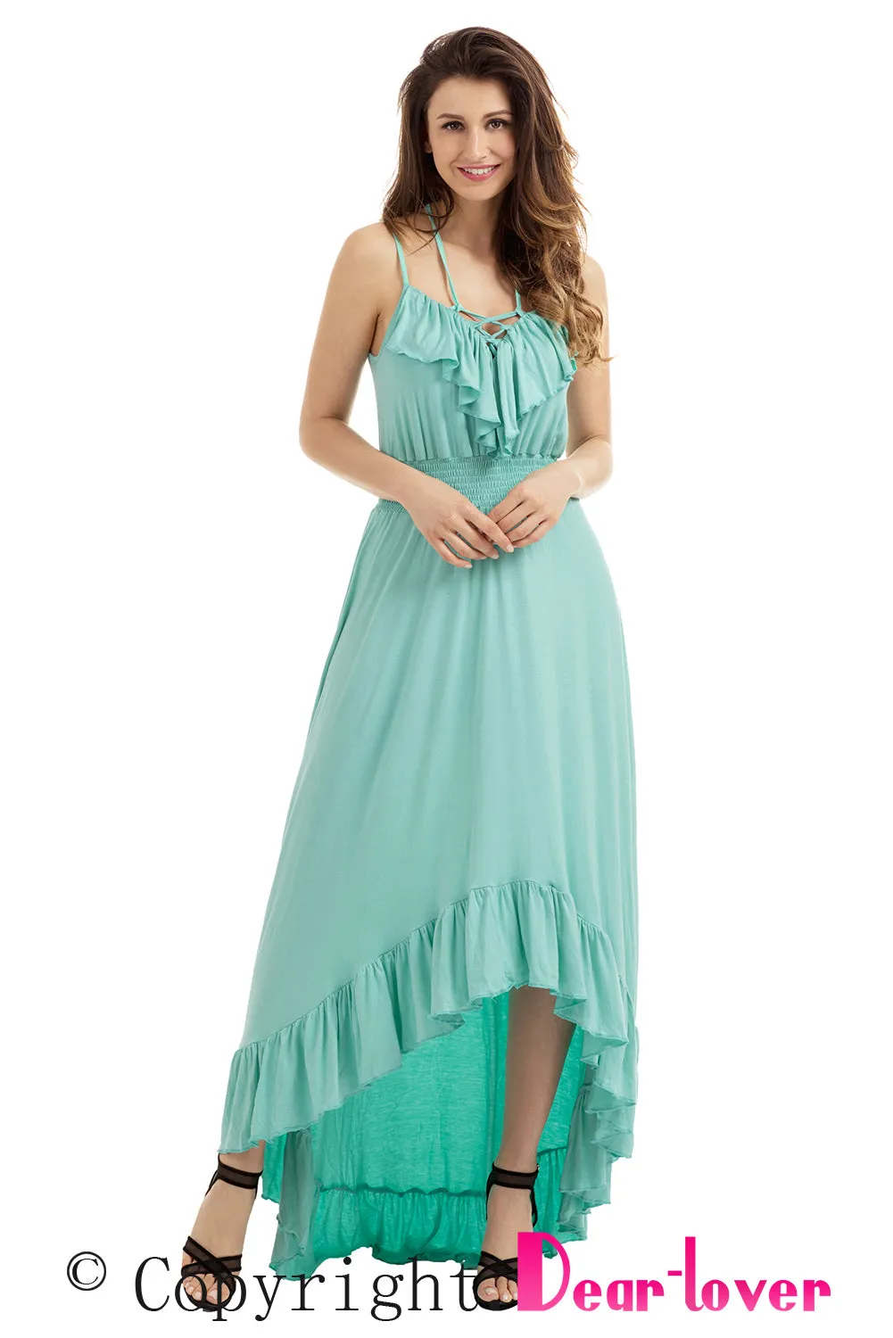 Mint Green Lace Up V Neck Ruffle Trim Hi-low Maxi Dress