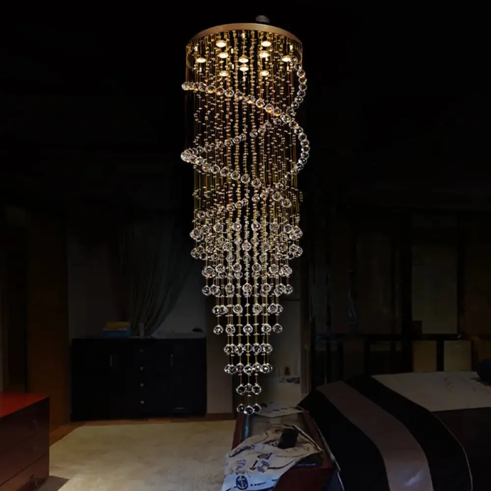 Modern 10-Head Spiral Hanging Lamp with Brass Finish, Clear Crystals, and LED Lights