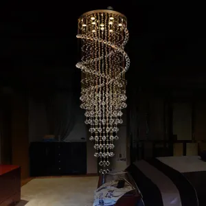 Modern 10-Head Spiral Hanging Lamp with Brass Finish, Clear Crystals, and LED Lights