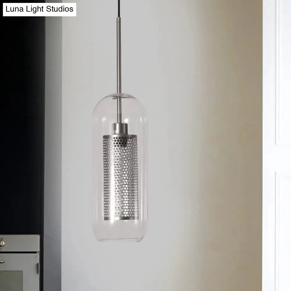 Modern Clear Glass Capsule Hanging Light with Mesh Screen for Balcony Ceiling - 1 Light