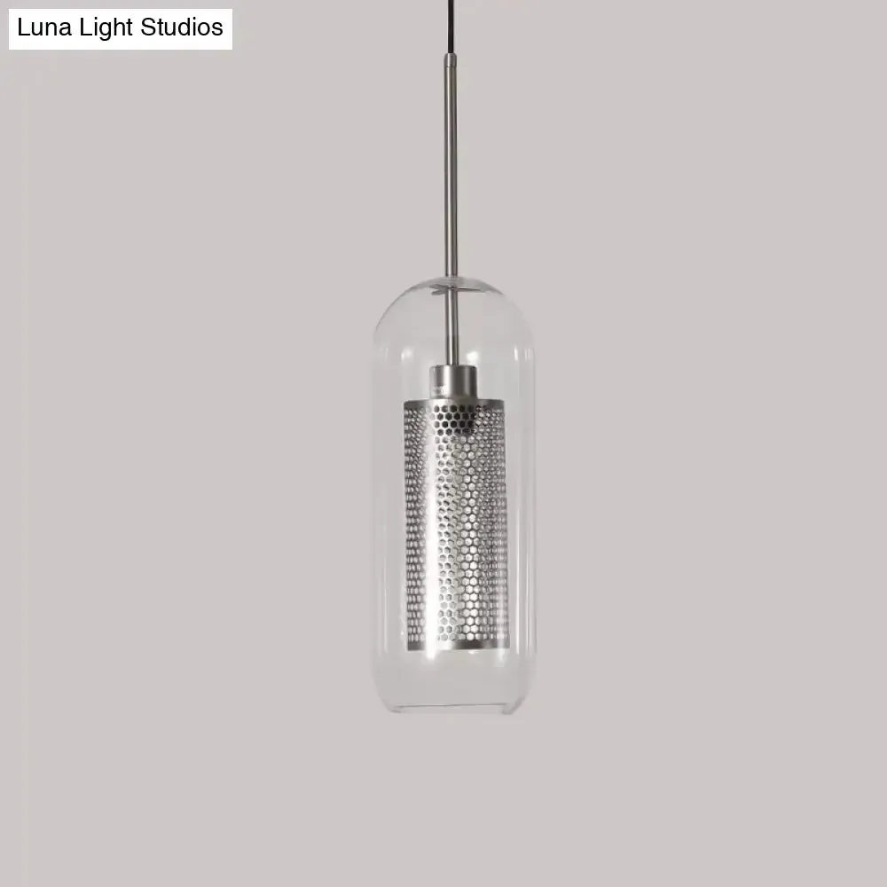 Modern Clear Glass Capsule Hanging Light with Mesh Screen for Balcony Ceiling - 1 Light