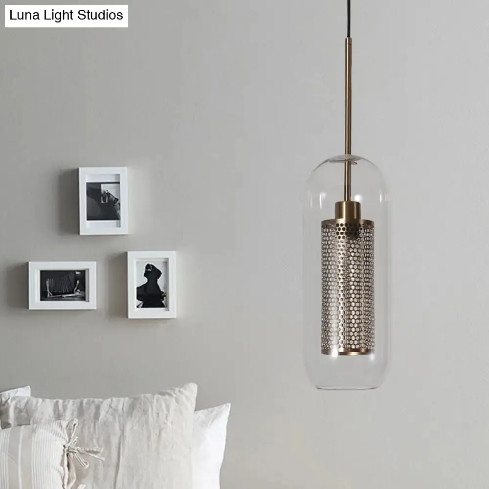 Modern Clear Glass Capsule Hanging Light with Mesh Screen for Balcony Ceiling - 1 Light