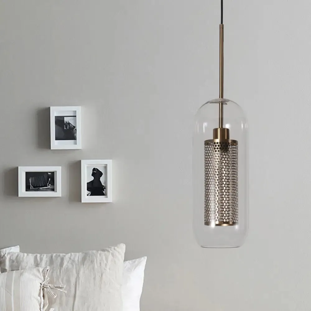 Modern Clear Glass Capsule Hanging Light with Mesh Screen for Balcony Ceiling - 1 Light