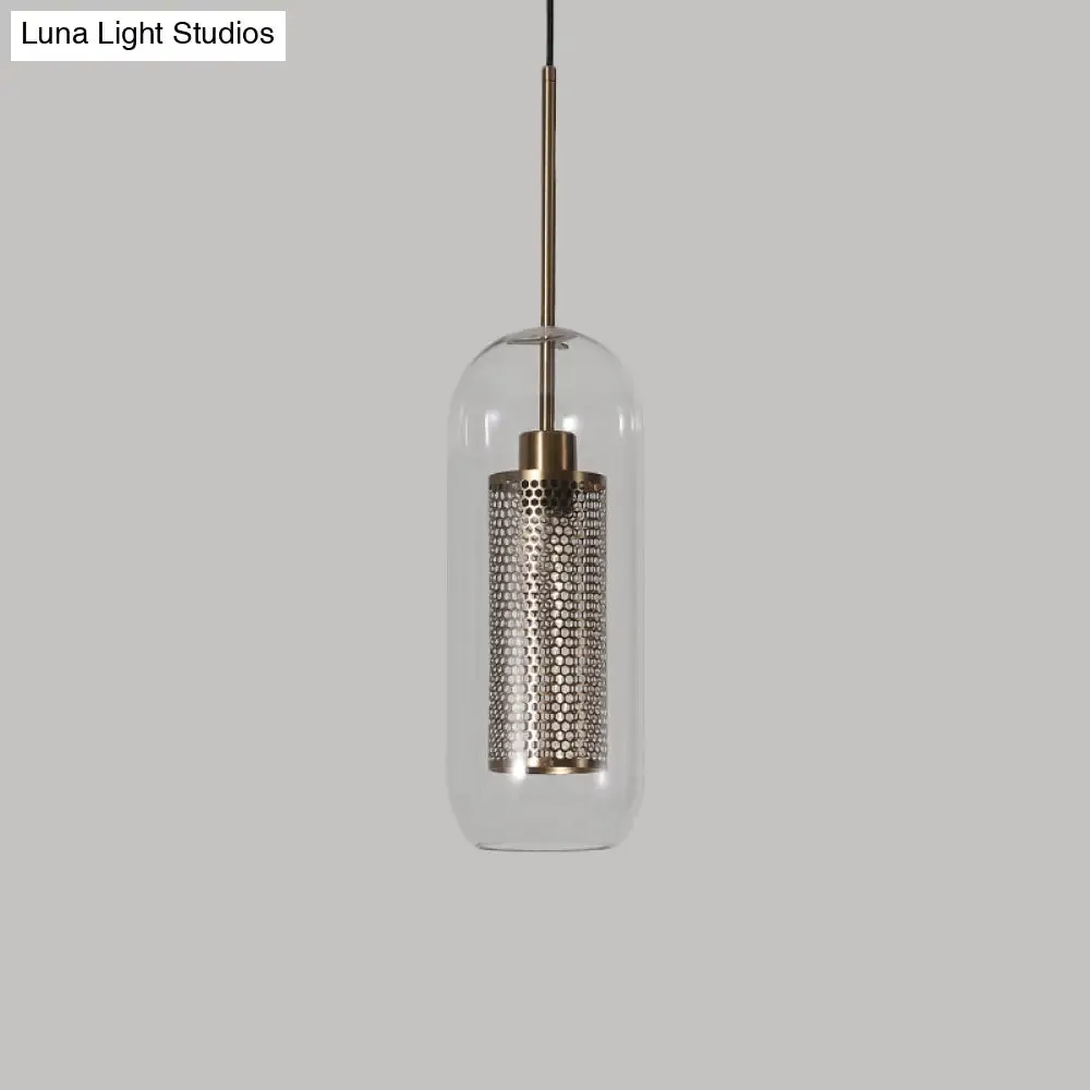 Modern Clear Glass Capsule Hanging Light with Mesh Screen for Balcony Ceiling - 1 Light