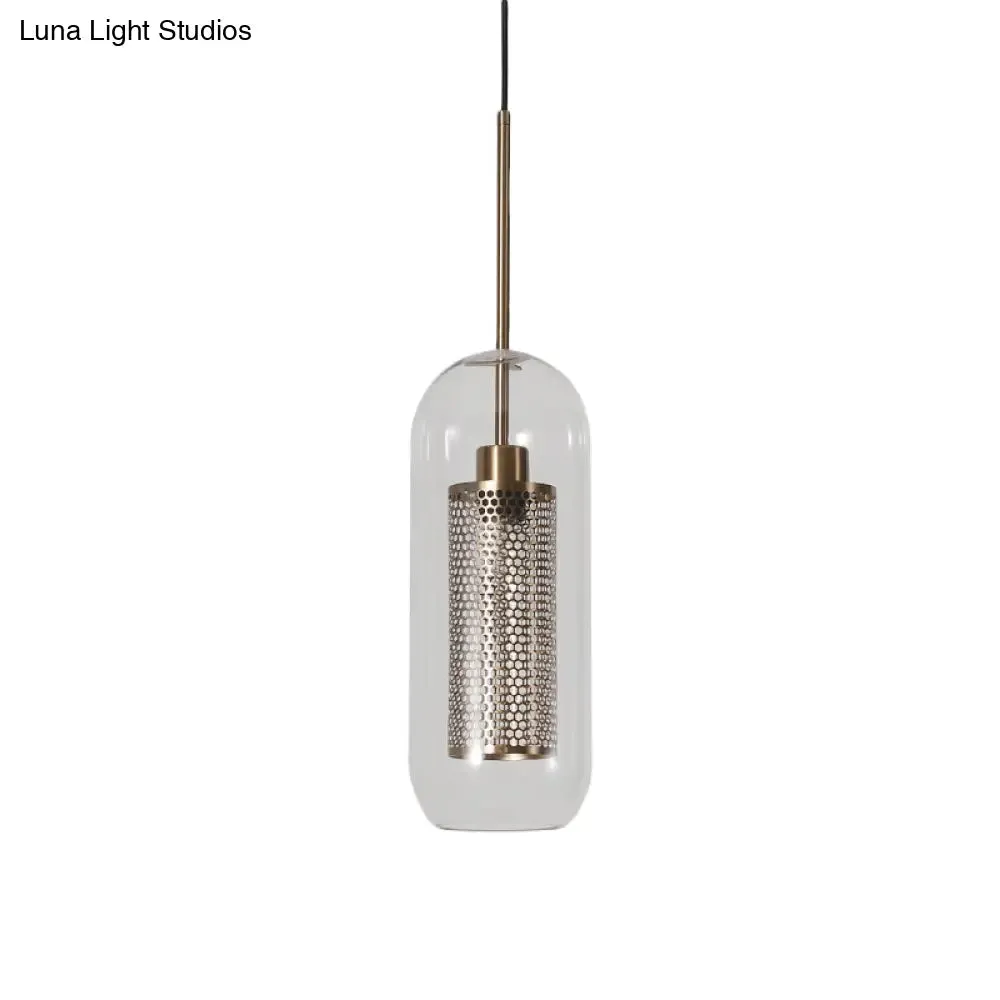 Modern Clear Glass Capsule Hanging Light with Mesh Screen for Balcony Ceiling - 1 Light