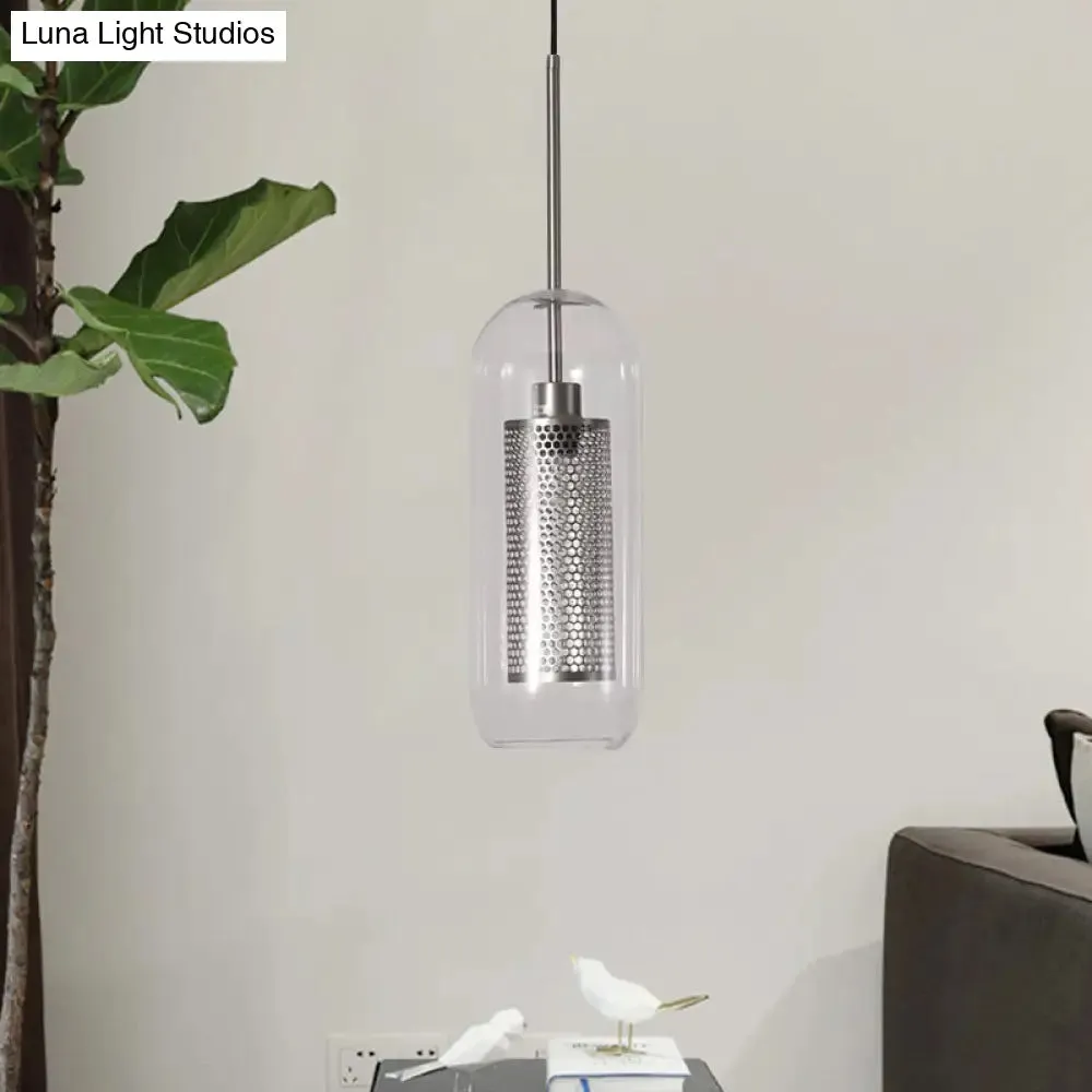 Modern Clear Glass Capsule Hanging Light with Mesh Screen for Balcony Ceiling - 1 Light