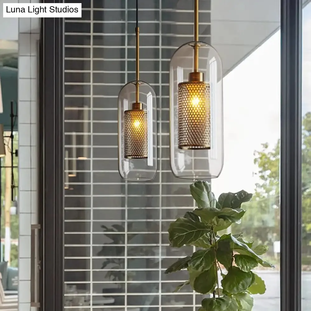 Modern Clear Glass Capsule Hanging Light with Mesh Screen for Balcony Ceiling - 1 Light