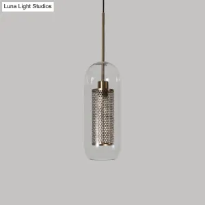 Modern Clear Glass Capsule Hanging Light with Mesh Screen for Balcony Ceiling - 1 Light