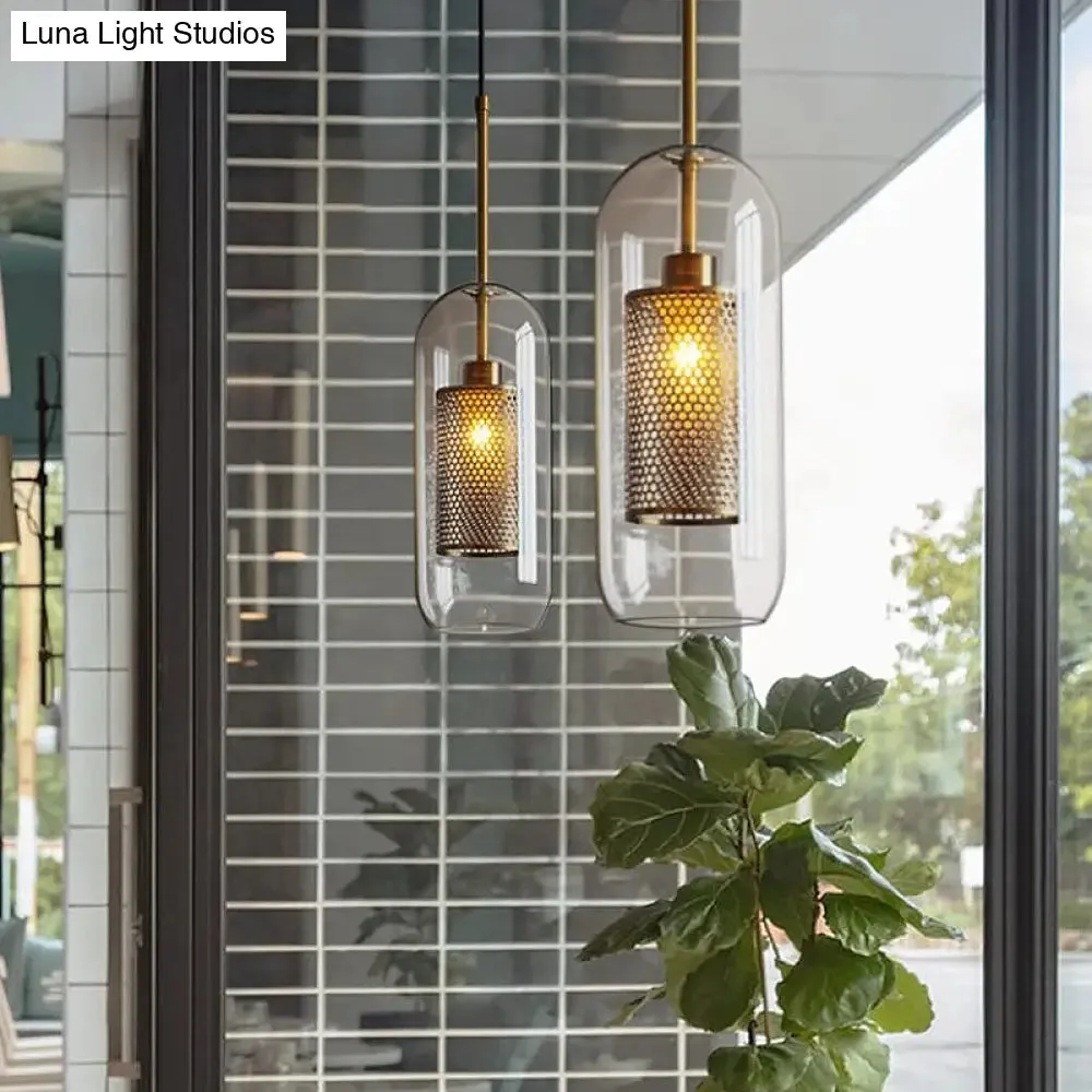 Modern Clear Glass Capsule Hanging Light with Mesh Screen for Balcony Ceiling - 1 Light