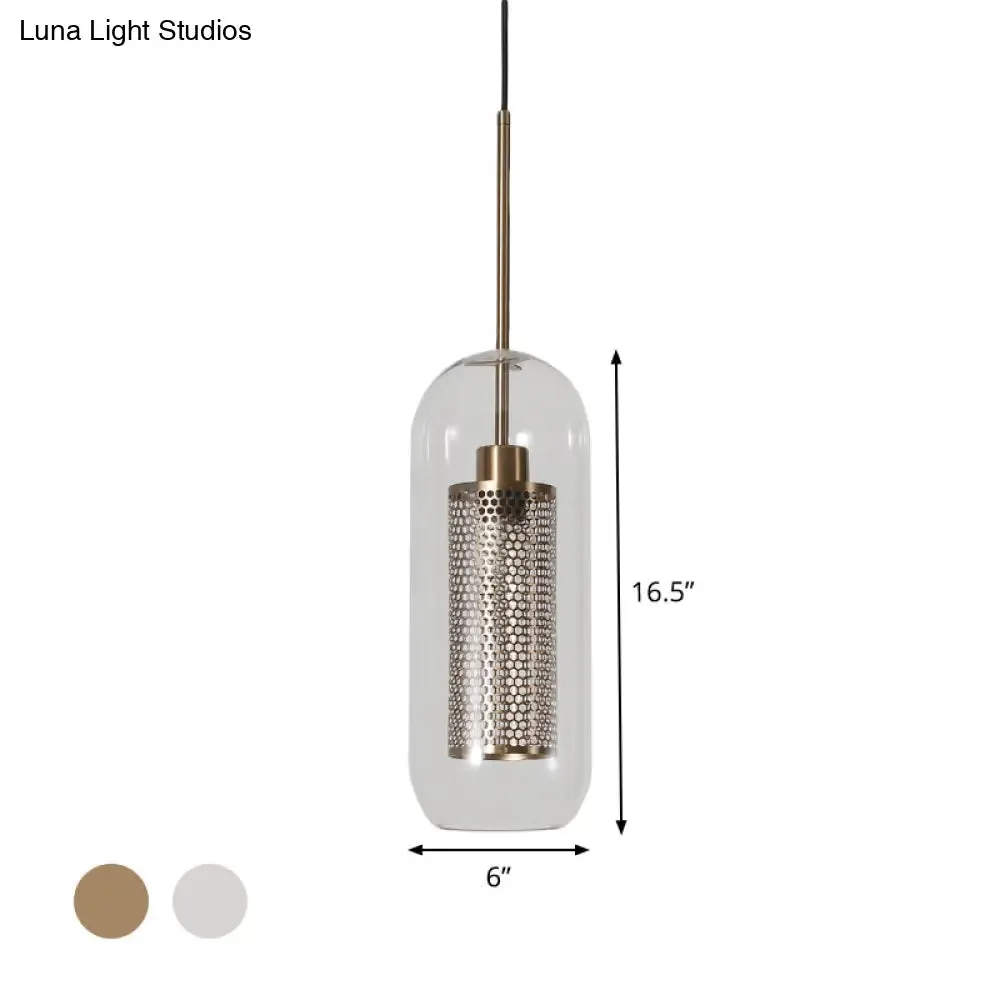 Modern Clear Glass Capsule Hanging Light with Mesh Screen for Balcony Ceiling - 1 Light