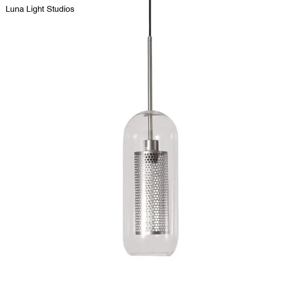 Modern Clear Glass Capsule Hanging Light with Mesh Screen for Balcony Ceiling - 1 Light
