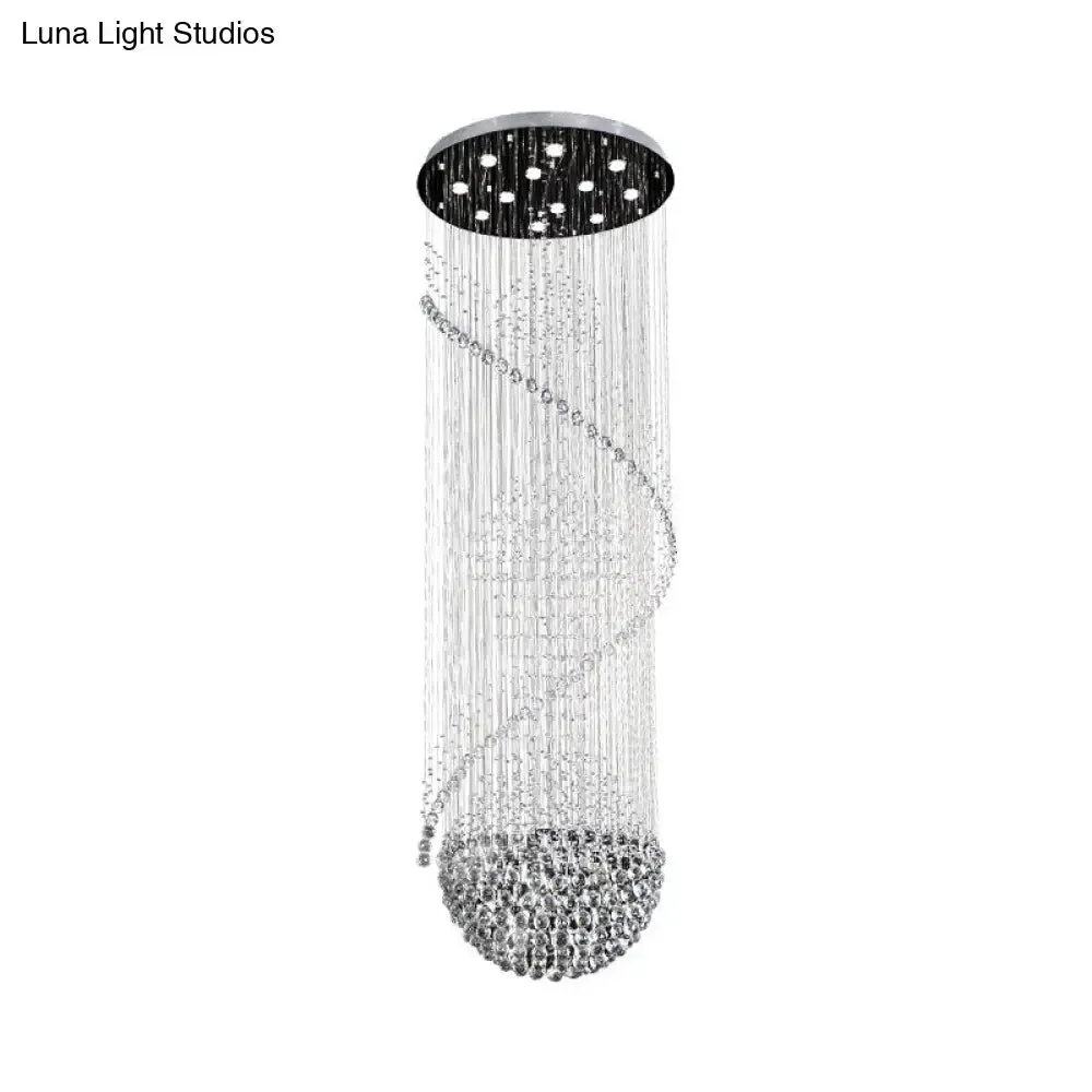 Modernist Silver Crystal LED Cluster Pendant Light with 12 Hanging Lamp Heads, Orbs, and Rods