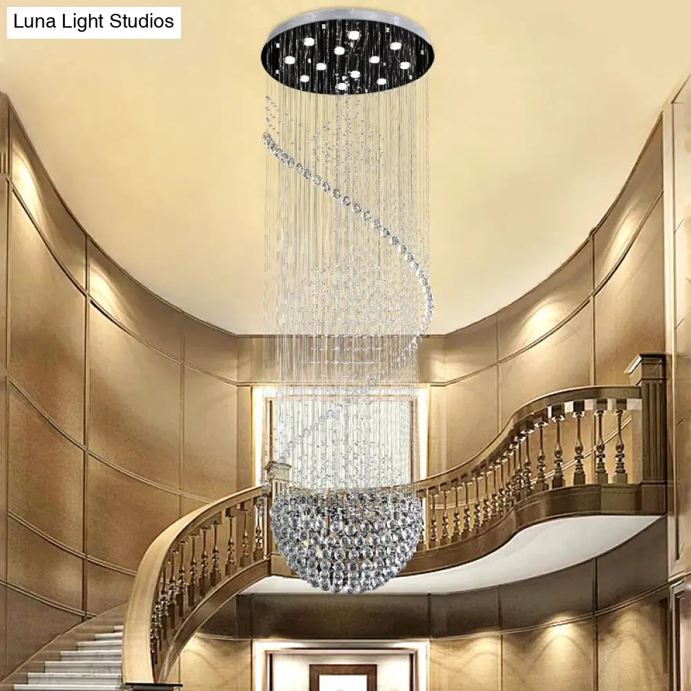 Modernist Silver Crystal LED Cluster Pendant Light with 12 Hanging Lamp Heads, Orbs, and Rods