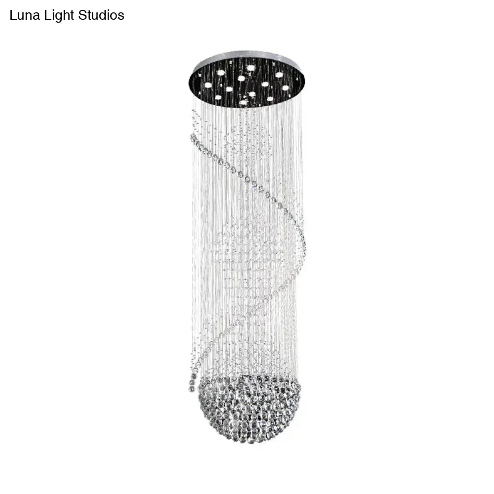 Modernist Silver Crystal LED Cluster Pendant Light with 12 Hanging Lamp Heads, Orbs, and Rods