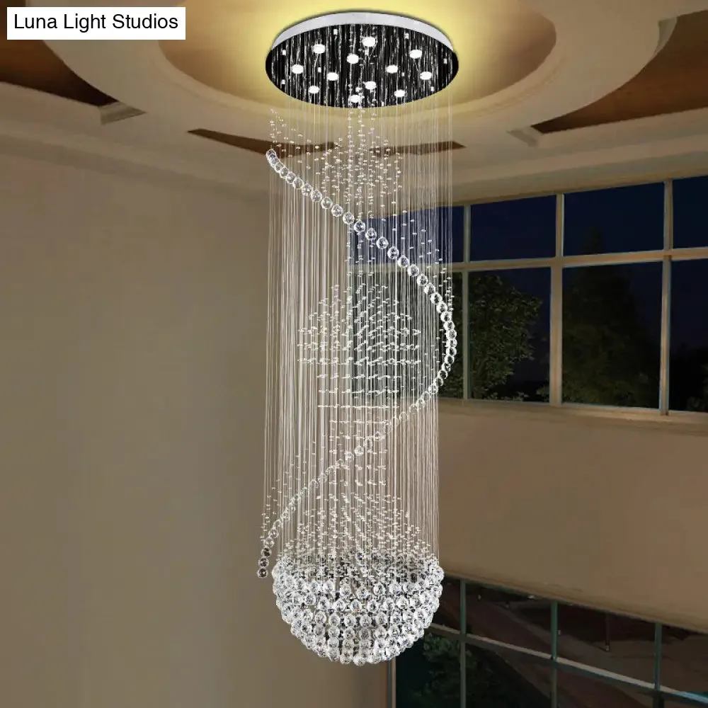 Modernist Silver Crystal LED Cluster Pendant Light with 12 Hanging Lamp Heads, Orbs, and Rods