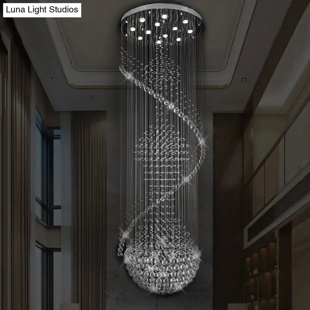 Modernist Silver Crystal LED Cluster Pendant Light with 12 Hanging Lamp Heads, Orbs, and Rods