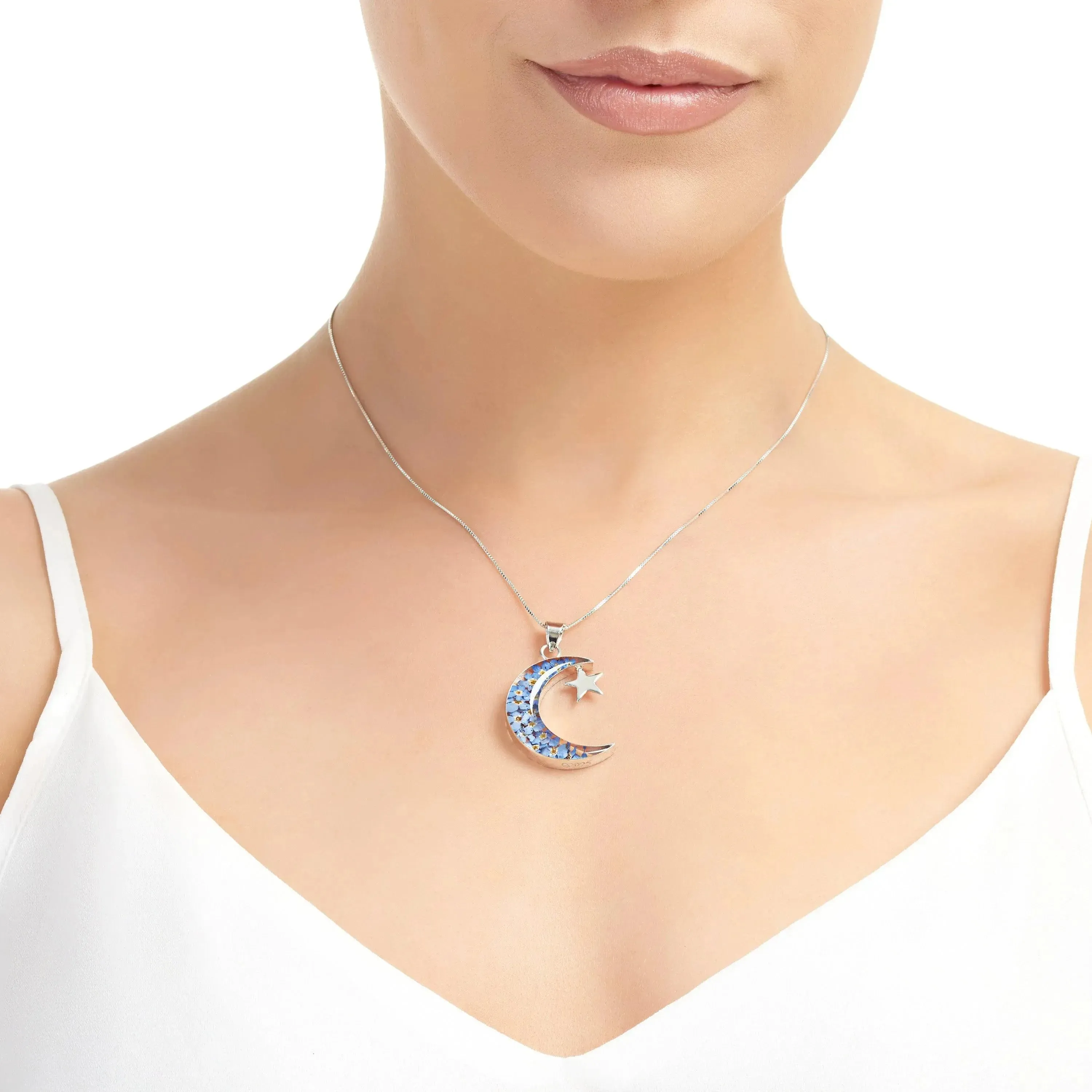 Moon & star necklace by Shrieking Violet® Sterling silver pendant with real forget-me-nots