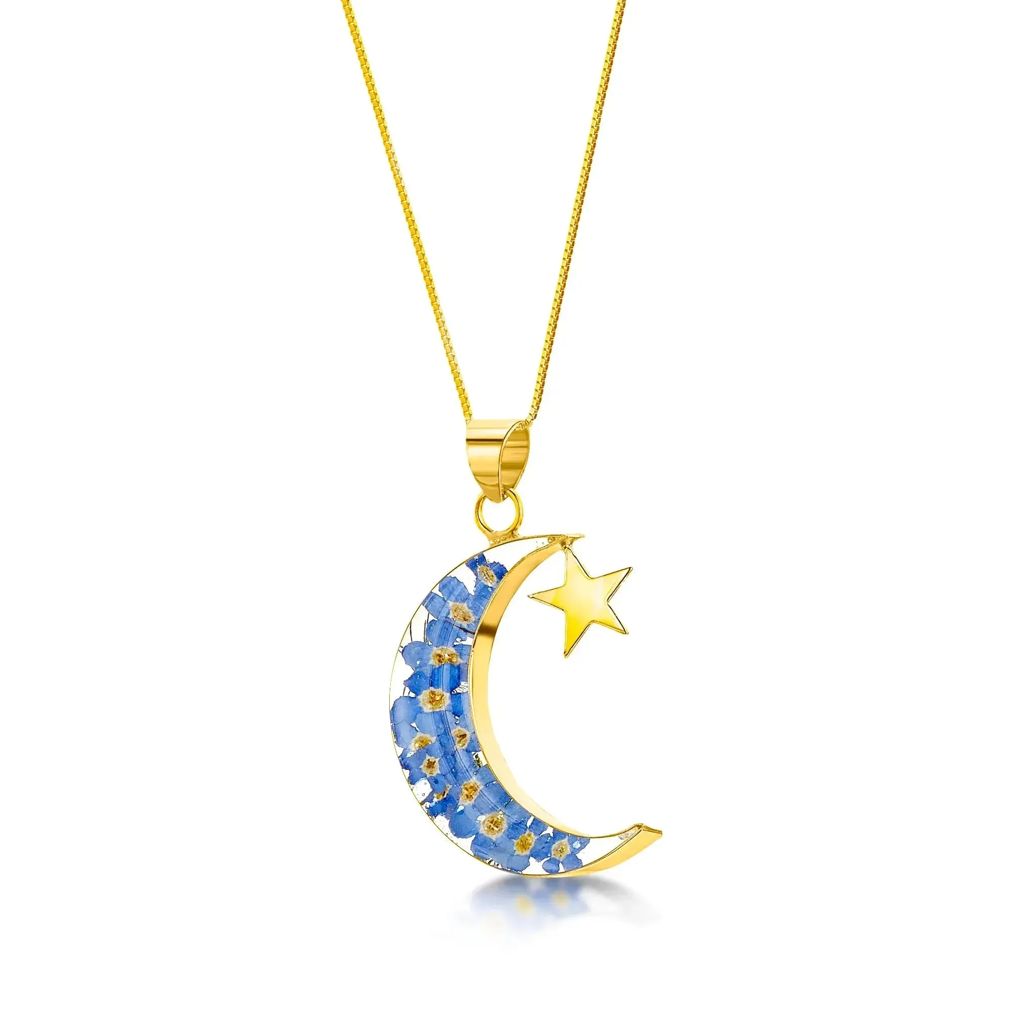 Moon & star necklace by Shrieking Violet® Sterling silver pendant with real forget-me-nots