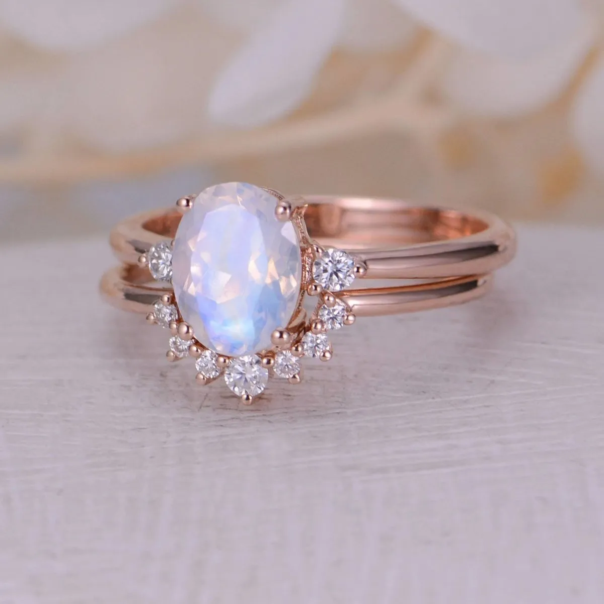Moonstone Stack Ring, 925 Sterling Silver Non-Adjustable Ring, 18K Rose Gold Retro Minimalist Oval Moonstone Ring, Delicate Ring Size 7 Band