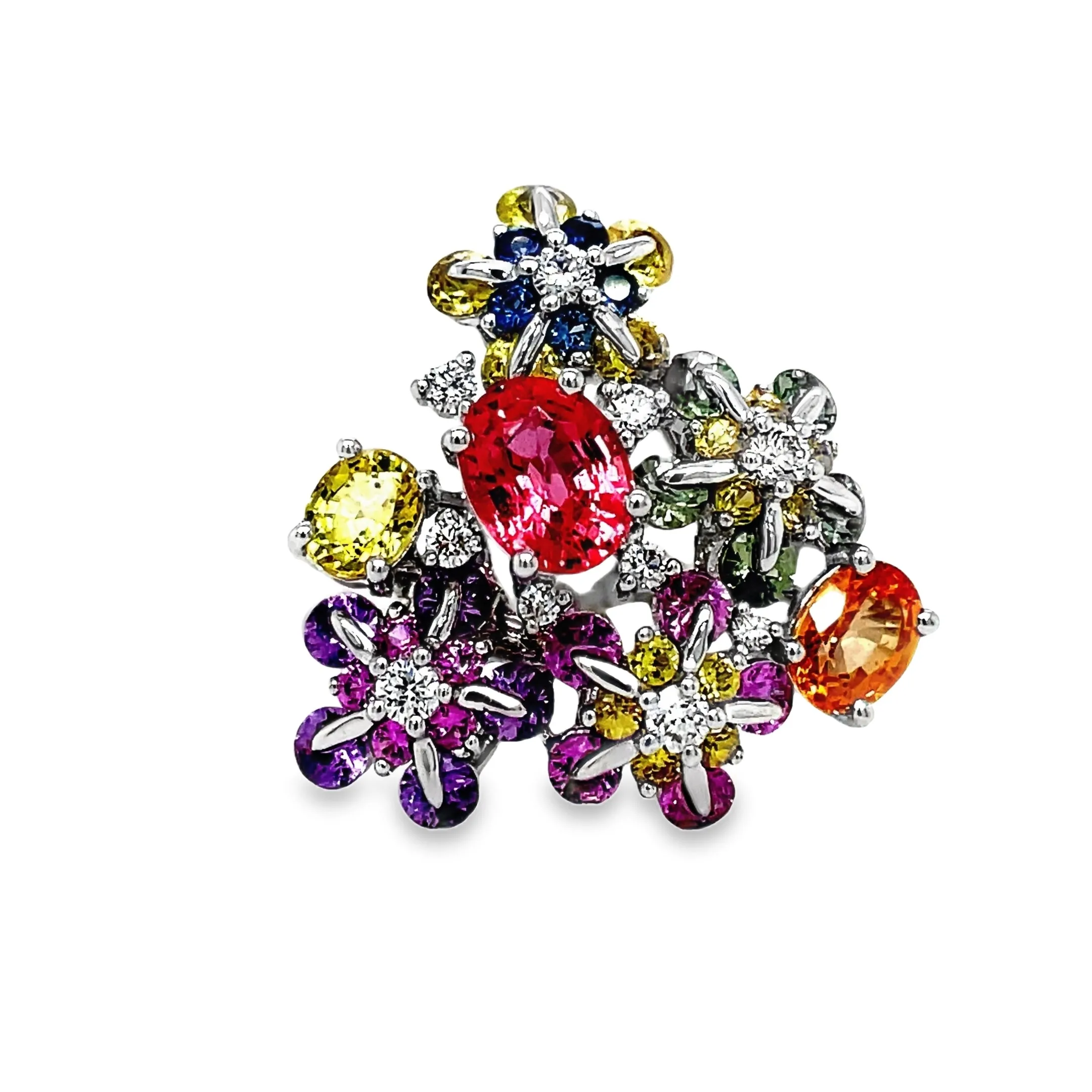 Multicolor Sapphire & Diamond Flower Motif Ring