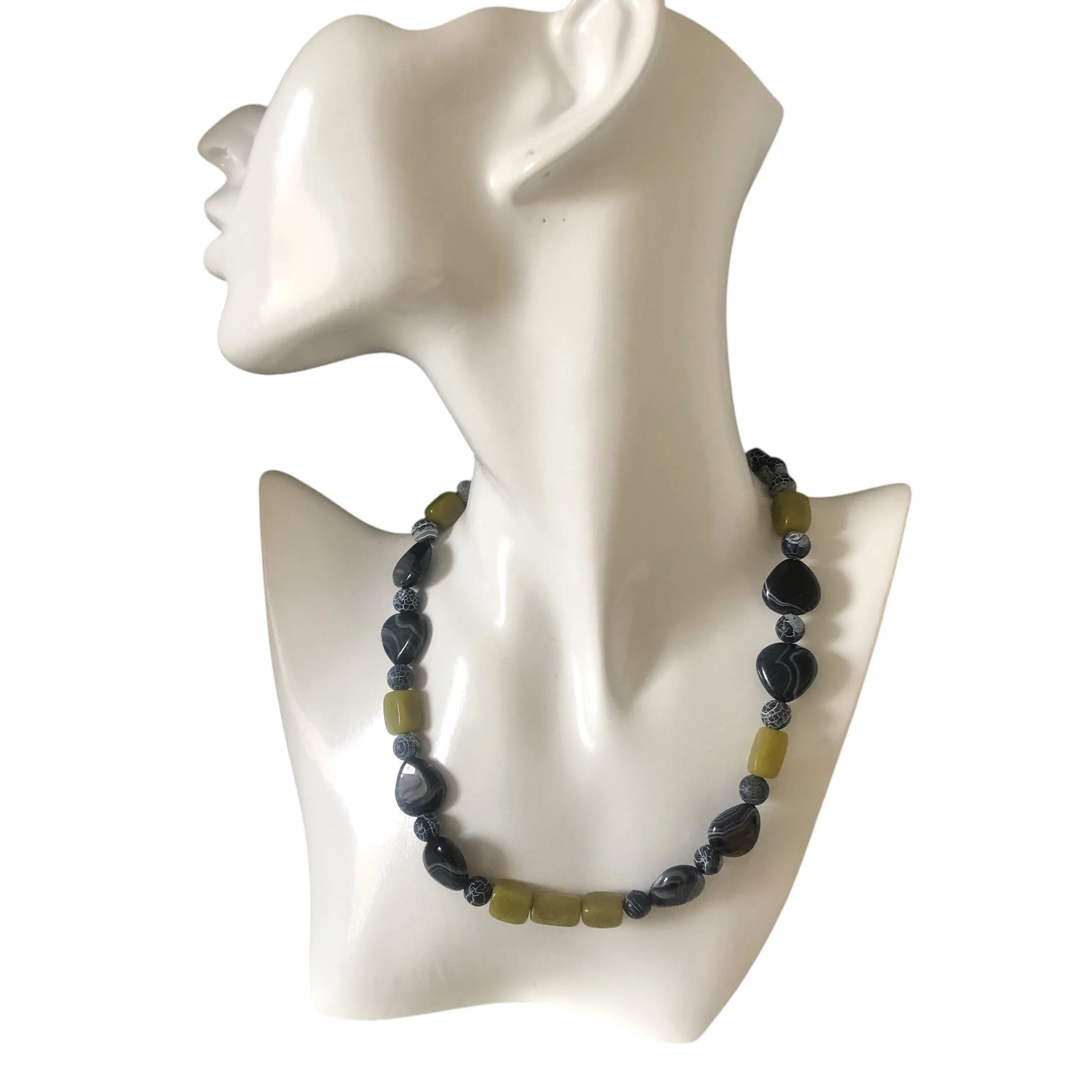 Olive Jade, Black Striped and Frost Cracked Agates Beaded Necklace