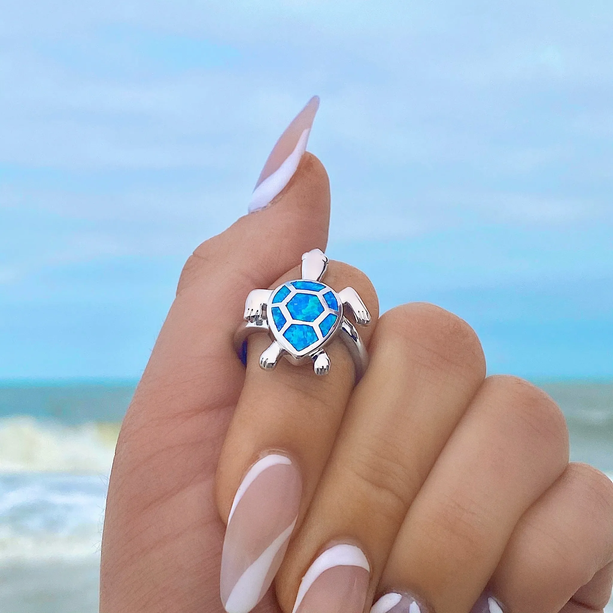 Opal Swimming Sea Turtle Ring