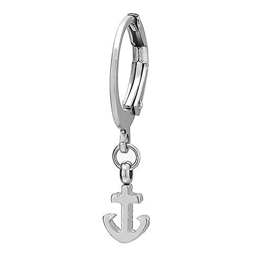 Pair Men Women Huggie Hinged Hoop Earrings with Dangling Marine Anchor in Stainless Steel