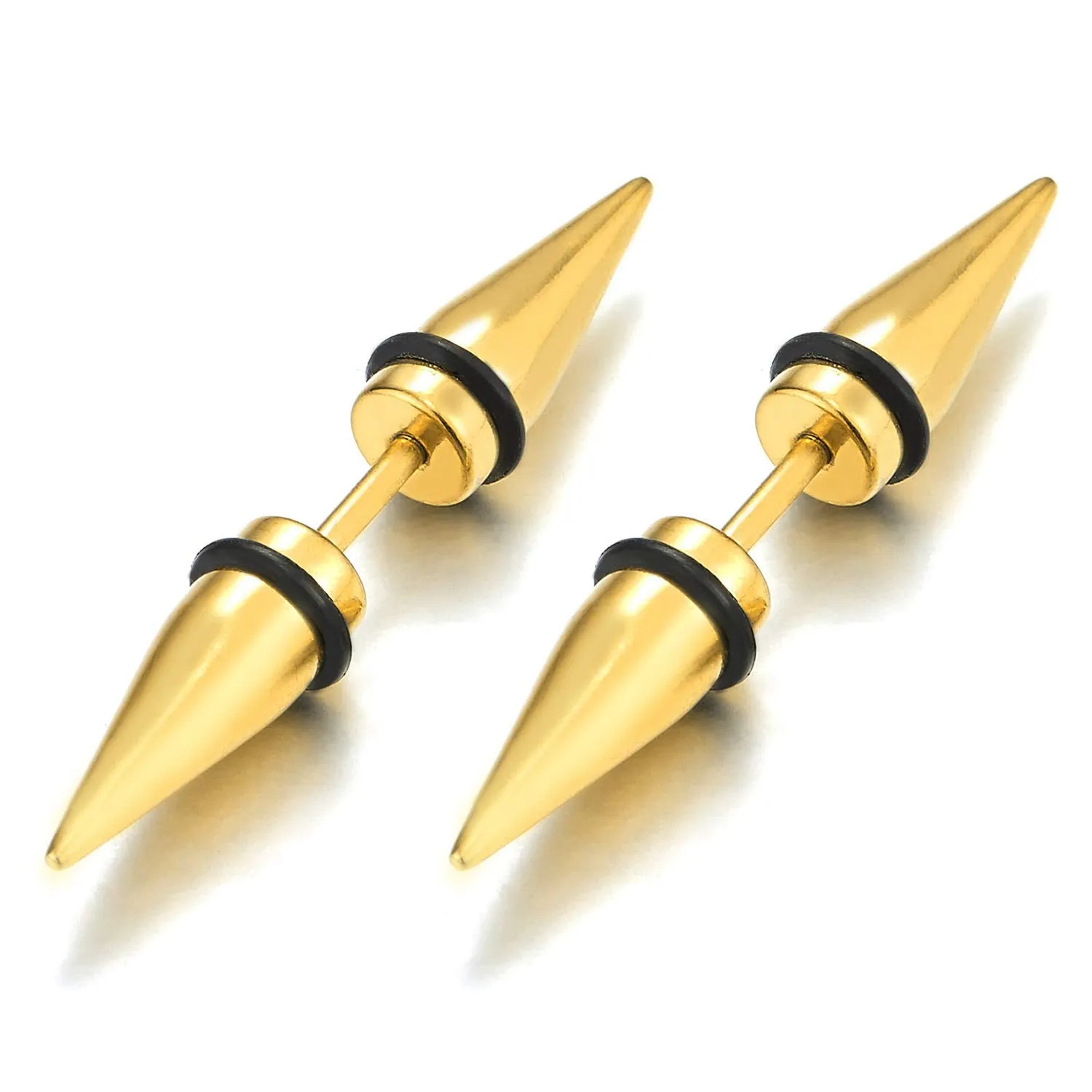 Pair Mens Womens Black Double Spike Stud Earrings in Stainless Steel, Cheater Fake Ear Plugs Gauges…