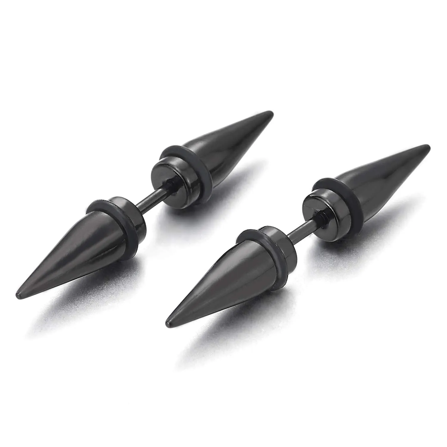 Pair Mens Womens Black Double Spike Stud Earrings in Stainless Steel, Cheater Fake Ear Plugs Gauges…
