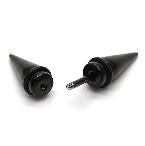 Pair Mens Womens Black Double Spike Stud Earrings in Stainless Steel, Cheater Fake Ear Plugs Gauges…