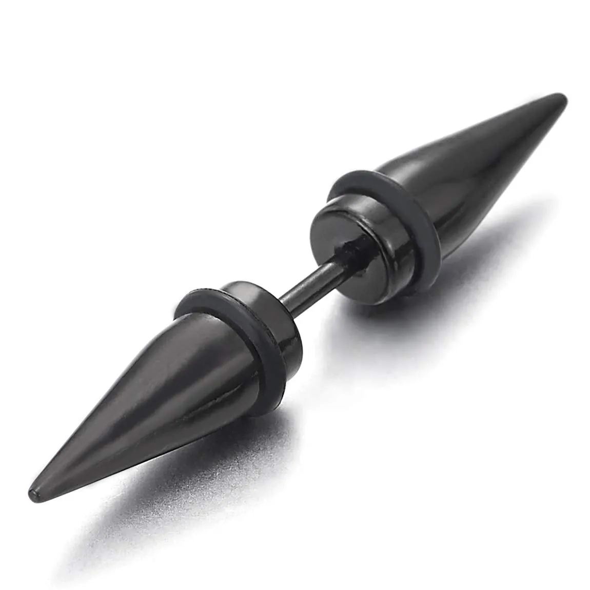 Pair Mens Womens Black Double Spike Stud Earrings in Stainless Steel, Cheater Fake Ear Plugs Gauges…