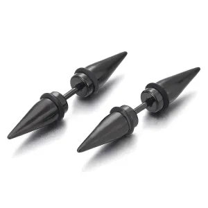 Pair Mens Womens Black Double Spike Stud Earrings in Stainless Steel, Cheater Fake Ear Plugs Gauges…