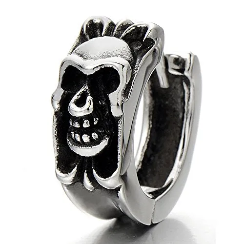 Pair Vintage Skull Huggie Hinged Hoop Earrings Stainless Steel Unisex Men Women