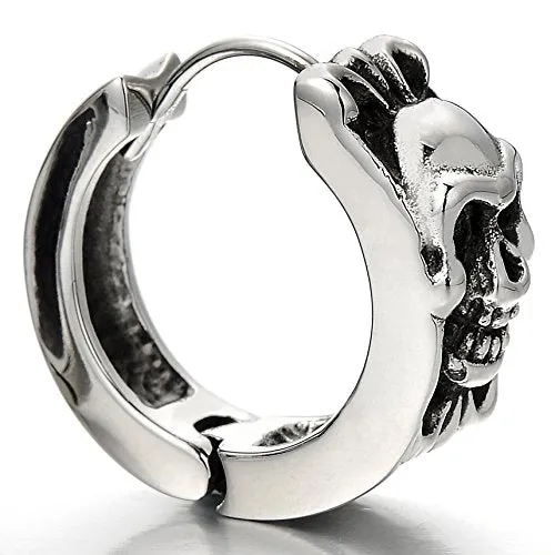 Pair Vintage Skull Huggie Hinged Hoop Earrings Stainless Steel Unisex Men Women