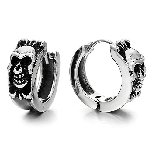 Pair Vintage Skull Huggie Hinged Hoop Earrings Stainless Steel Unisex Men Women