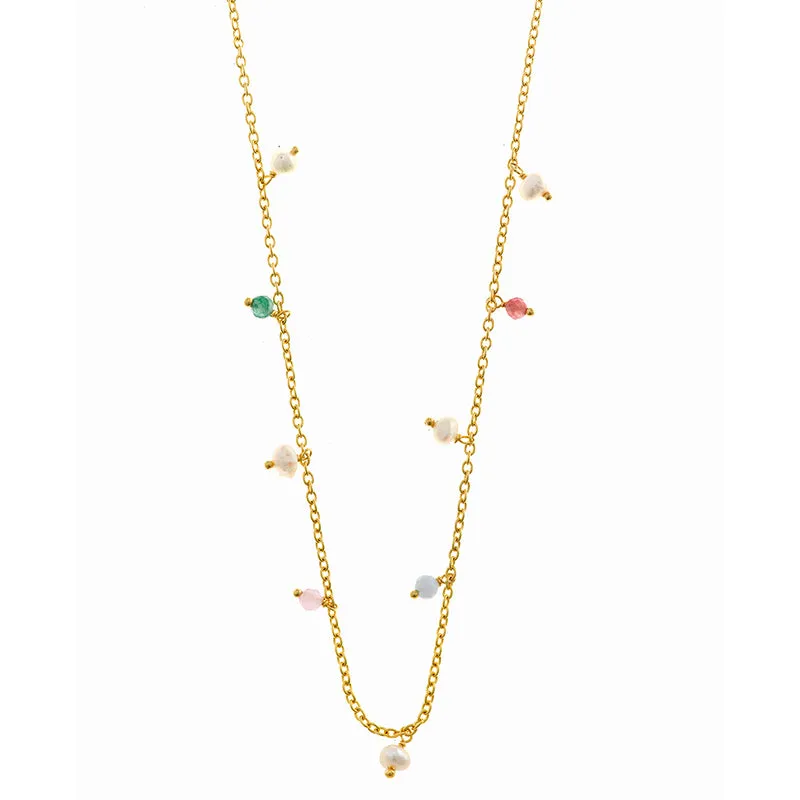 Pearl, Tourmaline, Quartz & Aventurine Sterling Silver Necklace plated in 18K Gold