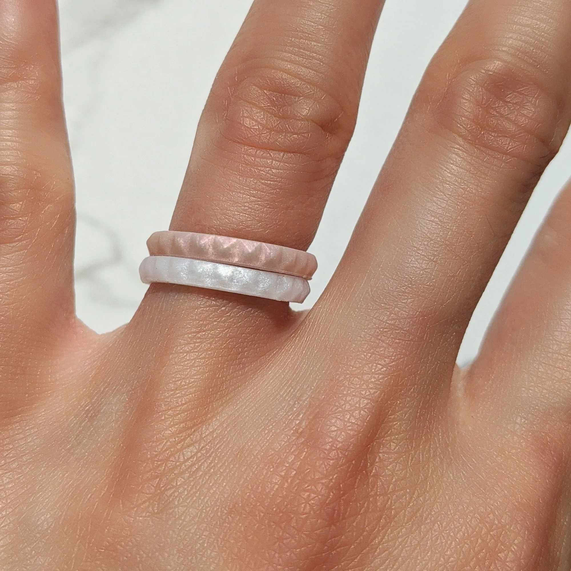 Pearl White Pyramid Stackable Slim Thin Silicone Ring for Women